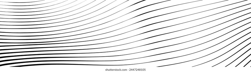 Black wavy lines that go from thin to thick. Striped waves drawn in ink. Abstract geometric background with monochrome water surface texture. Vector illustration of diagonal curved lines.