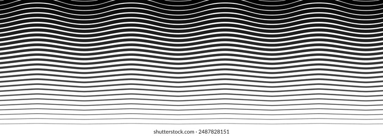 Black wavy lines that go from thin to thick. Striped waves drawn in ink. Abstract geometric background with monochrome water surface texture. Vector illustration of diagonal curved lines.