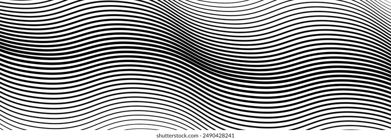 Líneas onduladas negras que van de finas a gruesas. Ondas rayadas dibujadas con tinta. Fondo geométrico Abstractas con textura de superficie de agua monocroma. Ilustración vectorial de líneas curvas diagonales.