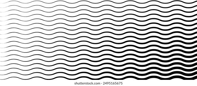 Black wavy lines that go from thin to thick. Striped waves drawn in ink. Abstract geometric background with monochrome water surface texture. Vector illustration of horizontal curved lines.