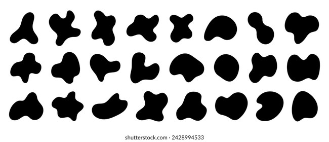 Manchas negras líquidas onduladas. Manchas irregulares aleatorias amorfas. Mancha negra forma irregular ilustración vectorial. Conjunto de elementos abstractos de gotas de forma orgánica negra aislados sobre fondo blanco