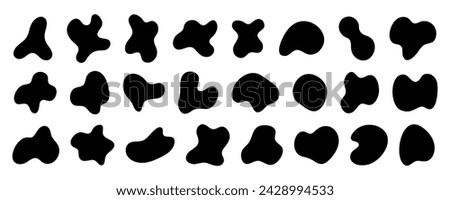 Black wavy liquid blobs. Amorphous random irregular blobs. Black blotch irregular form vector illustration.Set of abstract black organic shaped blobs elements isolated on white background. Amoeba blob