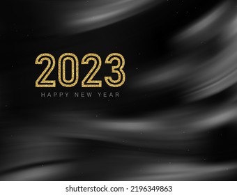 Black wavy silk background with 2023 new year gold glitters.