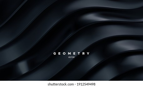 Black wavy stripes background. Abstract papercut decoration. 3d topography relief. Vector realistic illustration. Modern cover layout template. Architectural concept