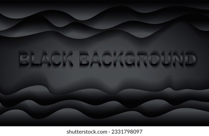 Black wavy stripes background. Abstract papercut decoration. 3d topography relief. Vector realistic illustration. Modern cover layout template. Architectural concept