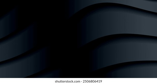 Black wavy stripes background. Abstract papercut decoration. 3d topography relief. Vector realistic illustration. Modern cover layout template.