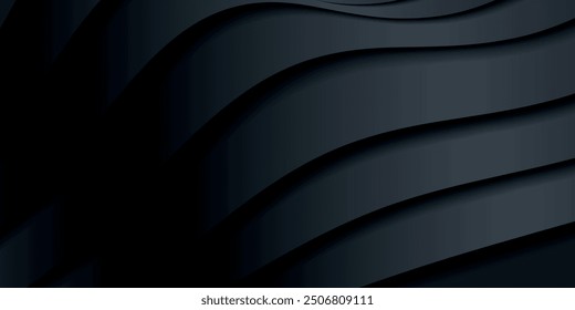 Black wavy stripes background. Abstract papercut decoration. 3d topography relief. Vector realistic illustration. Modern cover layout template.