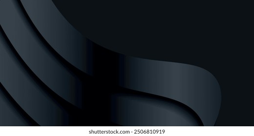 Black wavy stripes background. Abstract papercut decoration. 3d topography relief. Vector realistic illustration. Modern cover layout template.