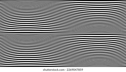 Banner de rayas onduladas negras. Líneas de cebra de África psicodélica. Patrón abstracto. Textura con curvas onduladas. Fondo de arte óptico. Diseño ondulado en blanco y negro, plantilla hipnótica de ilustración vectorial