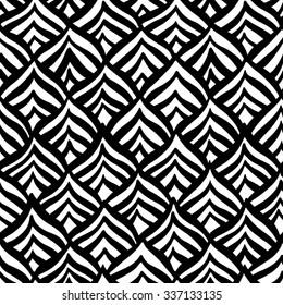 Black wavy stripes on white background. Seamless abstract vector pattern made of hand drawn lines arranged in rows os scales.