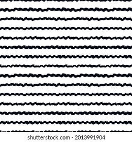 Black wavy stripes vector seamless pattern. Horizontal wavy lines, grunge brush strokes. Interlacing rounded stripes design. Hand drawn black and white background for textile, fabrics, wrapping paper.