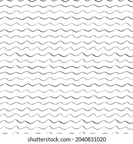 Black wavy stripes vector seamless pattern. Horizontal wavy lines, grunge brush strokes. Curly stripes design. Hand drawn black and white background for textile, fabrics, wrapping paper.