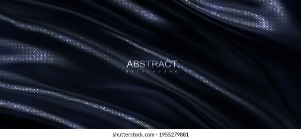 Black wavy textile with silver glitters. Abstract luxury background. Vector 3d illustration. Draped silky fabric. Cloth texture. Decoration for poster or banner design