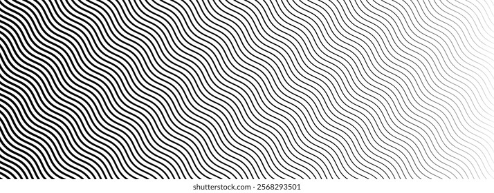 Black wavy texture gradient. Wave line pattern wallpaper. Fading curved linear halftone gradation. Thin to thick zig zag stripe background for overlay, print, cover, graphic design. Vector