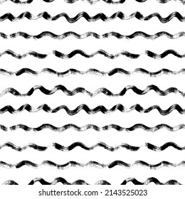 Black wavy textured line seamless pattern. Abstract background with wavy brush strokes. Vector curly grunge paint lines. Hand drawn water sea modern vector background. Calligraphy smears, stamps