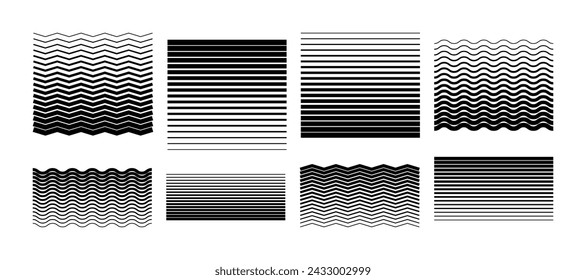 Black wavy and zigzag lines for minimalist banners and posters. Geometric background. Fading Lines set. Striped Pattern. Halftone Gradient Lines.