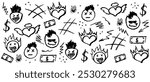 Black wax crayon drawing grafitti elements. Kids drawing by marker retro rock elements. Collection of vector charcoal outline symbols cute fire heart, mohawk hairs, mouth stick out tongue on the wall.