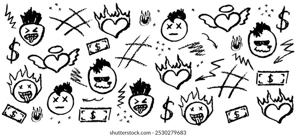 Black wax crayon drawing grafitti elements. Kids drawing by marker retro rock elements. Collection of vector charcoal outline symbols cute fire heart, mohawk hairs, mouth stick out tongue on the wall.