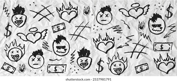 Black wax crayon drawing grafitti elements. Set of vector charcoal outline symbols cute heart, mohawk hairstyle head, mouth stick out tongue on the crumpled paper. Retro rock elements