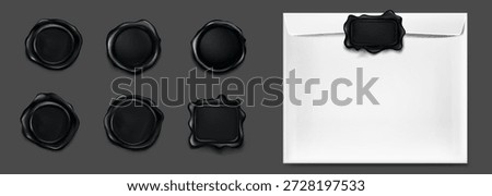 Black wax stamps set and white envelope isolated on background. Vector realistic illustration of vintage round square mail seals, old letter mockup, secret message, royal document, retro invitation