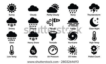 Black weather icon collection containing sunny and cloudy states plus rainy drizzle and thunderstorm symbols with snow and sleet indicators. Set includes wind speed windy and foggy conditions along with extreme weather like tornado and hurricane plus temperature and uv index gauges.