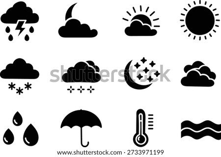 Black weather icons collection featuring sun cloud rain snow moon umbrella thermometer storm symbols isolated on light background for forecast climate design