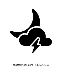 Black weather night thunderstorm moon icon in simple style. Moon, cloud and lightning isolated on white background. Climate sign, vector illustration for print, web, mobile app, widget