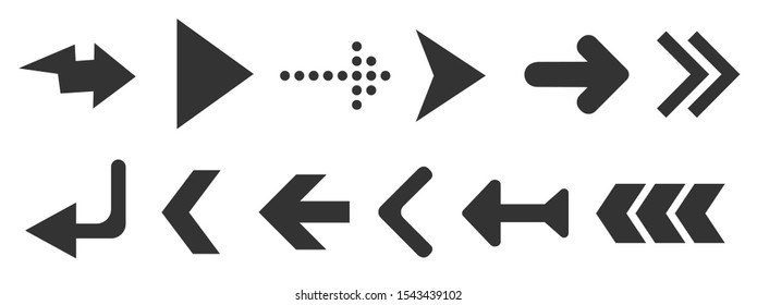 Black web arrows set isolated on white background. UI and web design. Vector illustration 