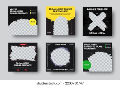 Black web banner EPS template, vector brochure for social media with linear elements, brush strokes, circle, cross. Set of square gift vouchers with creative design, place for photo, company info.