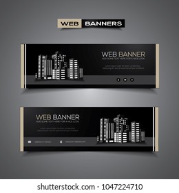 Banner web negro o diseño de tarjeta listo para imprimir en plantilla horizontal con elementos abstractos y rascacielos