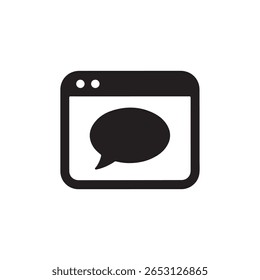 Ícone preto da janela do navegador da Web exibindo a bolha de fala na área central, metáfora de comunicação, em um fundo branco limpo para uso versátil, ilustração vetorial.