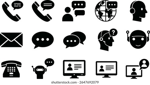 Black web business icon set: money, bank, mail, phone, video, camera, and globe symbols for internet and computer illustrations