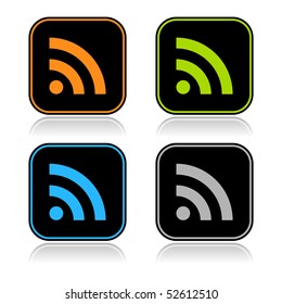 Black web button with colored rss symbol and reflection on white