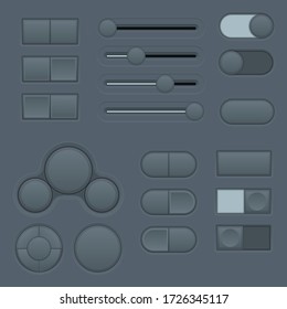 Black web buttons. Signs and symbols, push buttons and sliders. Vector 3d illustration