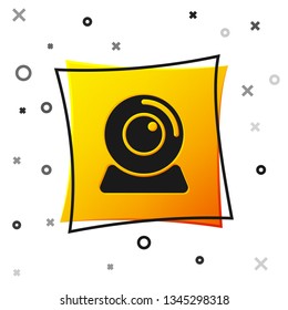 Black Web camera icon isolated on white background. Chat camera. Webcam icon. Yellow square button. Vector Illustration