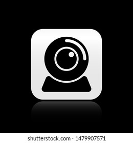 Black Web camera icon isolated on black background. Chat camera. Webcam icon. square button. Vector Illustration
