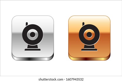 Black Web camera icon isolated on white background. Chat camera. Webcam icon. Silver-gold square button. Vector Illustration