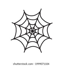 A black web element, hand-drawn, isolated on a white background. Drawing of the silhouette of a spider web. A symbol of Halloween, nets, traps and dangers, scary, similar to a spider. Vector.