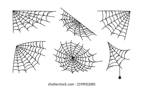 Black web hand drawn set. Spider mesh patterns with halloween party ornament. Sticky trap of intertwining dangerous vector lines