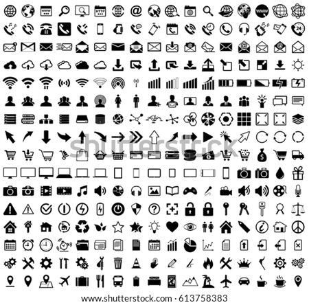 Black web icons collection on white background