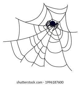Black web with a spider on a white background. Vector element for the design of packaging, postcards, posters for Halloween. Clipart on a white background.