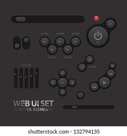 Black Web UI Elements. Buttons, Switches, bars, power buttons, sliders. Vector illustration