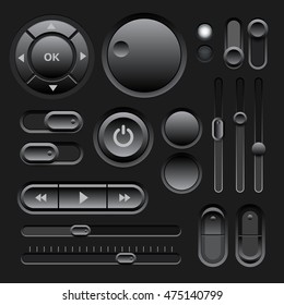 Black Web UI Elements Design with Buttons, Switches, Sliders. Vector illustration