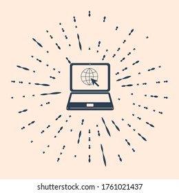 Black Website on laptop screen icon isolated on beige background. Laptop with globe and cursor. World wide web symbol. Abstract circle random dots. Vector Illustration