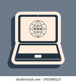 Black Website on laptop screen icon on grey background. Globe on screen of laptop symbol. World wide web symbol. Internet symbol for your web site design, logo. Long shadow style. Vector Illustration