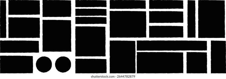 Black website wireframe layout with rectangles and circles isolated on white background