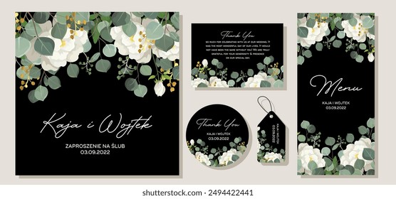 Black wedding Invitation, menu, label, envelope. Floral design green watercolor eucalyptus leaves, foliage greenery decorative print. Vector elegant cute rustic
