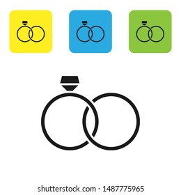 Black Wedding rings icon isolated on white background. Bride and groom jewelery sign. Marriage icon. Diamond ring icon. Set icons colorful square buttons. Vector Illustration