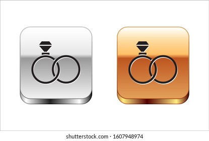 Black Wedding rings icon isolated on white background. Bride and groom jewelry sign. Marriage symbol. Diamond ring. Silver-gold square button. Vector Illustration