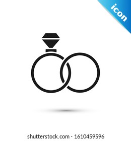 Black Wedding rings icon isolated on white background. Bride and groom jewelry sign. Marriage symbol. Diamond ring.  Vector Illustration